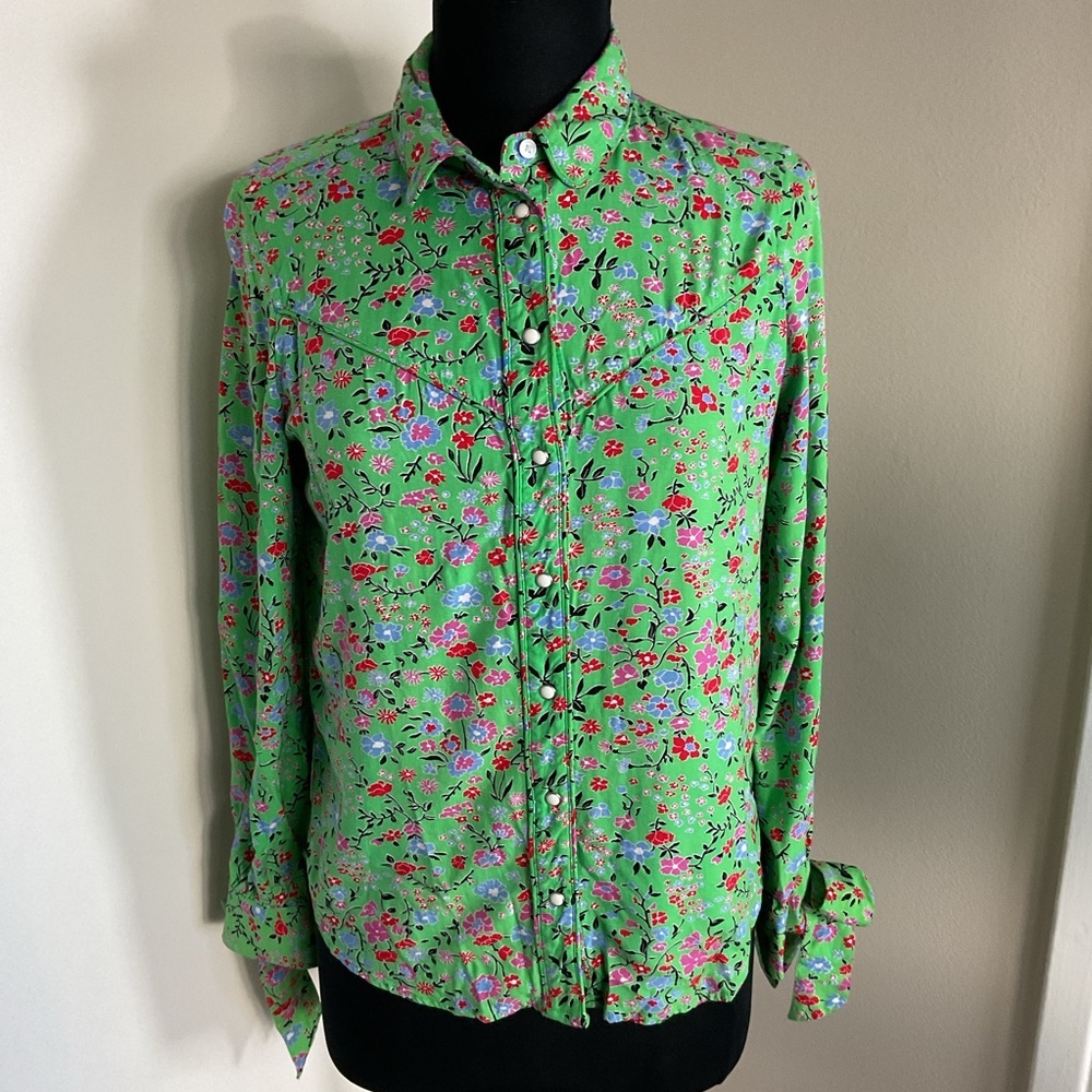 Levi’s Green Floral Button Down Blouse S Small Long Sleeve Tie Cuff Boho Chic - Picture 4 of 10